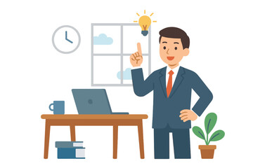 Businessman having a bright idea in office workspace with laptop, coffee cup, clock, books, and indoor plant, creative thinking, innovation, productivity concept vector illustration
