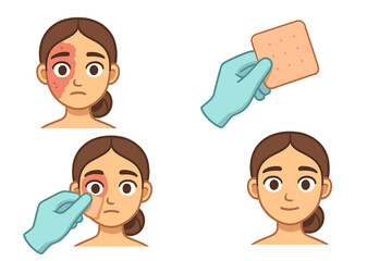 The process of artificial skin creation and transplantology. Woman's face showing damaged skin and restoration treatment with medical dressing application. Vector cartoon illustration.