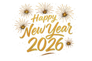 Happy New Year 2026 golden glitter typography design. Festive calligraphy text for holiday celebration. Vector illustration with fireworks for greeting card or banner.