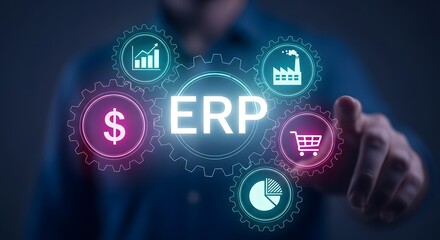 Digital enterprise resource planning system with business icons and glowing network