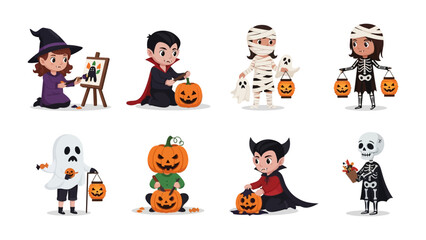 Halloween Fantasy: A collection of children in Halloween costumes engaged in their activities. Illustrating the festive fun and colorful characters of the holiday season. 