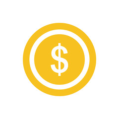 A simple yellow gold coin icon with a white dollar sign in the center, isolated on a white background.