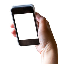 Woman's hand holding a smart phone with a blank screen for business communication and technology display