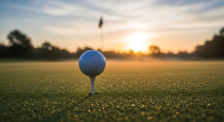 Golf ball on tee at sunrise ready for a perfect swing on a beautiful course
