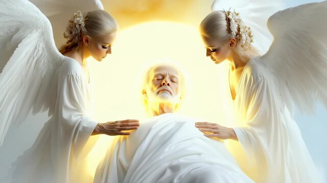 Human final moment: deathbed scene, soul departure, body stillness, spiritual passage, angelic meeting, sacred transition, eternal journey, peaceful release, divine presence, last breath