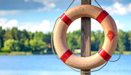A close-up view of a life preserver hanging on a wooden post with a lake and trees in the background