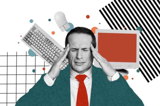 Composite photo collage of tired businessman work intensity office equipment computer keyboard mouse tool isolated on painted background