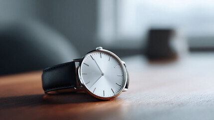 Sleek wristwatch on a wooden surface, symbolizing time management, precision, and minimalist style. Perfect for conveying concepts like punctuality, elegance, or a modern lifestyle.