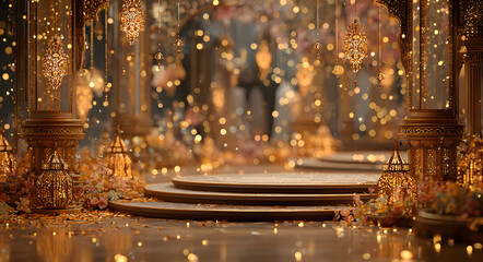 Festive background with Podium for Navratri, Durga puja, dussehra dhanteras diwali sale, offer deal. Golden stage, luxury vintage, template, ornament, diya, lights lantern sparkle and crackers design.