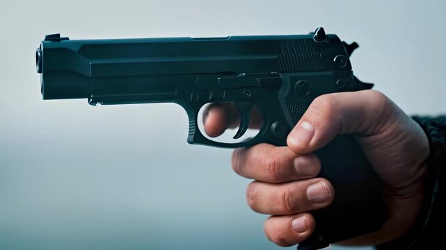 A close-up of a person's hand holding a gun. Gun crime, danger, violence, armed conflict, thriller.