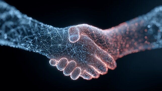 Digital handshake, one side blue network, one red, on black