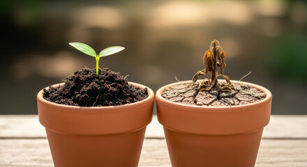 Two Potted Plants Showing Life and Death Contrast: A Healthy Sprout Next to a Dead, Dried Plant