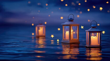 Luminous lanterns on water at night