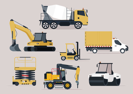 A bustling construction site comes to life with six distinct vehicles, including a cement mixer, drill, forklift, and roller, each playing a vital role in shaping the landscape