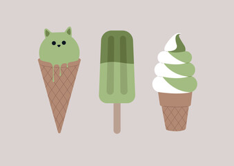 A charming ice cream matcha set showcases three sweet creations: a cat-shaped scoop, a popsicle, and a swirled cone, all in soothing green hues.