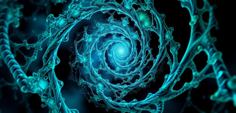 Intricate swirling fractal pattern resembling microscopic DNA strands, glowing blue and green, blue, microscopic