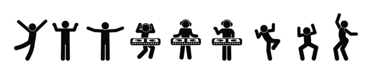 People icon set, musician playing, stickmen dancing electronic music, party with DJ