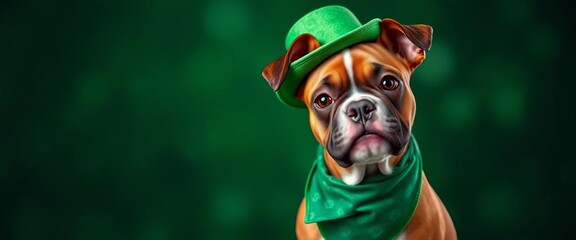 Playful boxer puppy in green leprechaun hat & shamrock bandana against dark green bokeh background, dark green, cheerful