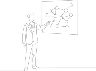 Minimalist Line Art Man Presenting Network Graph on Whiteboard