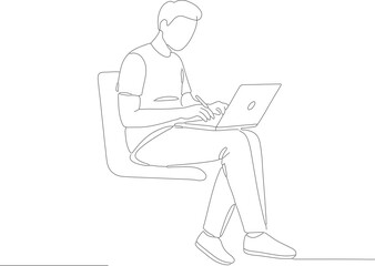 Minimalist Line Art Businessman Working On Laptop Sitting in Chair Illustration