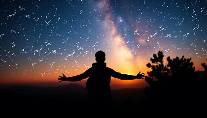 Silhouette of traveler embracing starlit sky atop mountain at dawn, travel, open arms