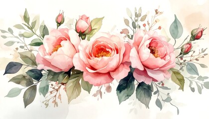 Delicate bouquet of pastel roses and leaves