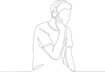 Continuous Line Illustration Young Man Listening Music with Headphone Minimalist Artwork