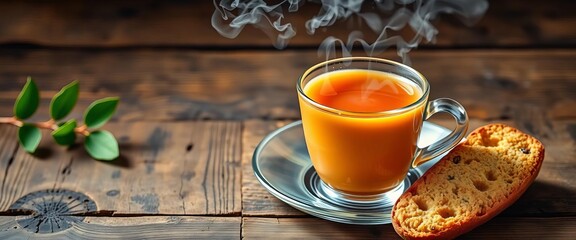 Steaming cup of tea beside crunchy biscotti on rustic wood, treat, crispy