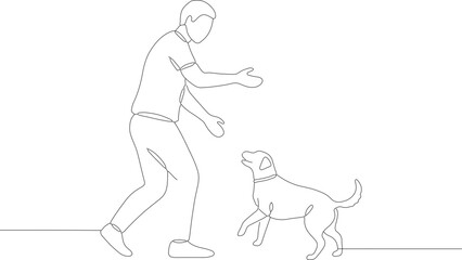 Minimalist Continuous Line Man Playing with Dog Pet Animal Illustration
