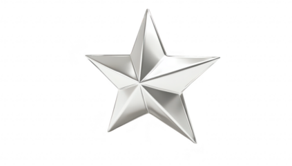 A shiny. metallic star sculpture with sharp edges and reflective surfaces. positioned centrally against a plain white background. creating a modern and elegant aesthetic suitable for decorative purpos
