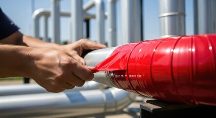 Applying insulation tape to pipe for industrial installation. Insulation tape safeguards against heat loss and condensation on pipes. Workers use insulation tape for energy efficiency improvements