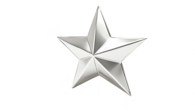A shiny. metallic star sculpture with sharp edges and reflective surfaces. positioned centrally against a plain white background. creating a modern and elegant aesthetic suitable for decorative purpos