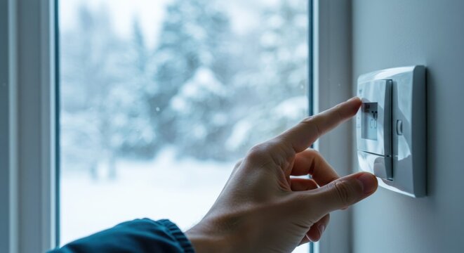 Turning on light switch with window view showcasing snowy weather outside. Using light switch to brighten interior with finger pressing control.
