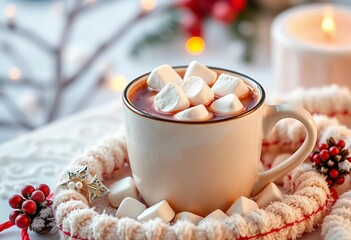 Warm cocoa with marshmallows, festive winter scene,  food,  cozy