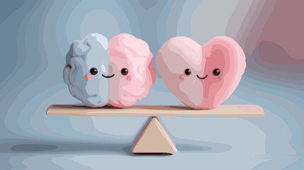 Fototapeta premium Two cartoon brains on a balance scale with a heart on the right. The cartoon brains are smiling and the heart is pink
