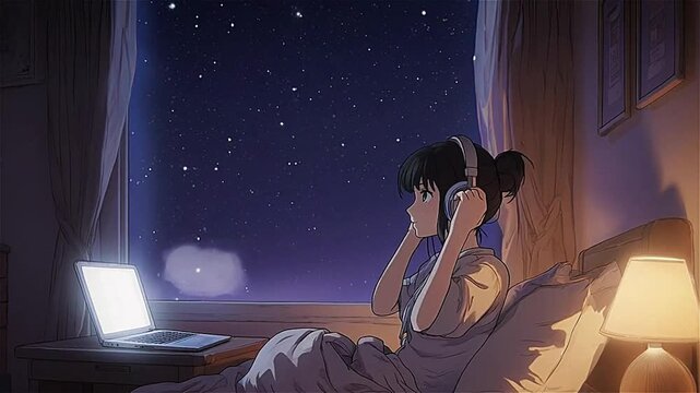 Girl listens to music and looks at night sky from bedroom window