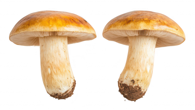 Two freshly harvested mushrooms with golden-brown caps and white stems displayed against a clean white background. their natural beauty for culinary or botanical uses