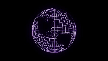 Purple wireframe globe with North America visible on black - Powered by Adobe