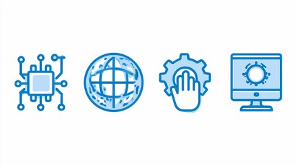 Digital icons chip, globe, gear-hand, & monitor, blue outlines on white