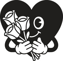 Cartoon heart character holding a bouquet of roses with a happy face