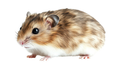A close-up view of a small. fluffy hamster with a mix of brown and white fur. sitting on a clean white surface. its curious expression and tiny paws. ideal for pet-related content