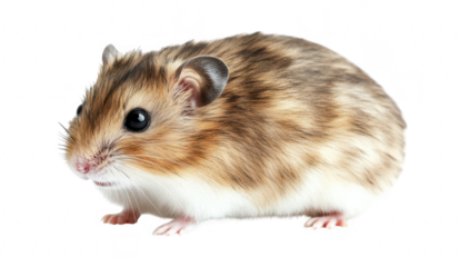 A close-up view of a small. fluffy hamster with a mix of brown and white fur. sitting on a clean white surface. its curious expression and tiny paws. ideal for pet-related content