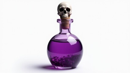  A spooky glass potion bottle filled with a bubbling, magical purple liquid, securely sealed with a menacing skull-shaped stopper. This magical elixir is isolated on a clean white background, perfect 