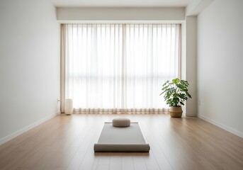 Fototapeta premium Zen sanctuary, minimalist yoga space with natural light and plant accent