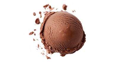 A perfectly round scoop of rich chocolate ice cream sits on a clean white background. with chocolate shavings scattered around. ideal for dessert menus or food photography