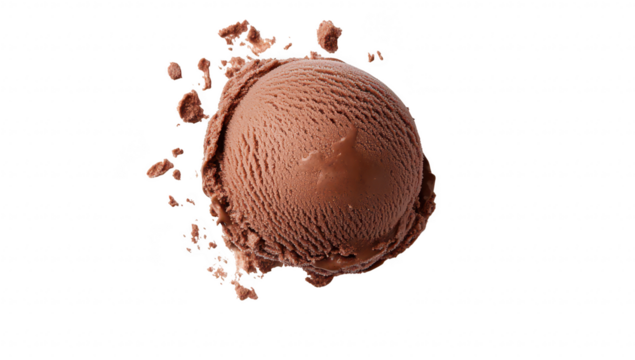 A perfectly round scoop of rich chocolate ice cream sits on a clean white background. with chocolate shavings scattered around. ideal for dessert menus or food photography