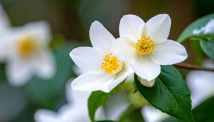 Fototapeta premium Close-up of delicate white flowers with yellow centers