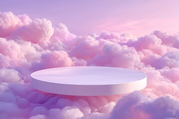 Fantasy podium in dreamy pastel clouds a stage for showcasing cosmetic products with a surreal and ethereal beauty presentation backdrop