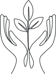 Environment conservation icon in continuous line art drawing style. Plant in human hand as a symbol of nature protection and eco friendly consumption black linear design isolated on white background