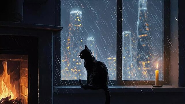 Black cat watches rain from window in apartment